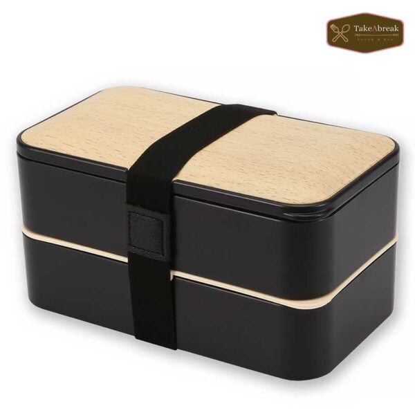 Bento lunch box noir bois bambou couverts fourchette couteau cuillère